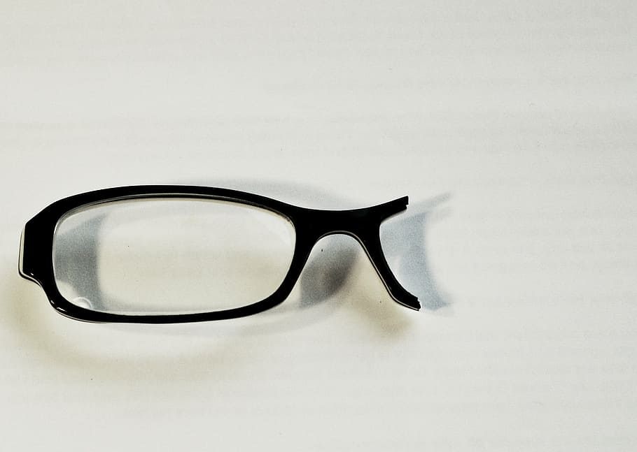 broken black framed eyeglasses, lens, vision, optical, view, man