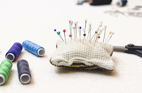 pin cushion beside threads and scissors, pins, sewing, pillow HD wallpaper