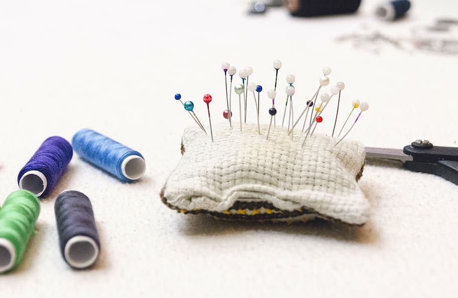 pin cushion beside threads and scissors, pins, sewing, pillow HD wallpaper