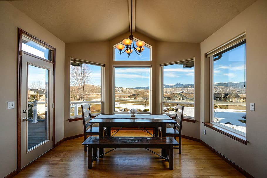rectangular brown wooden dining table near glass windows during daytime, HD wallpaper
