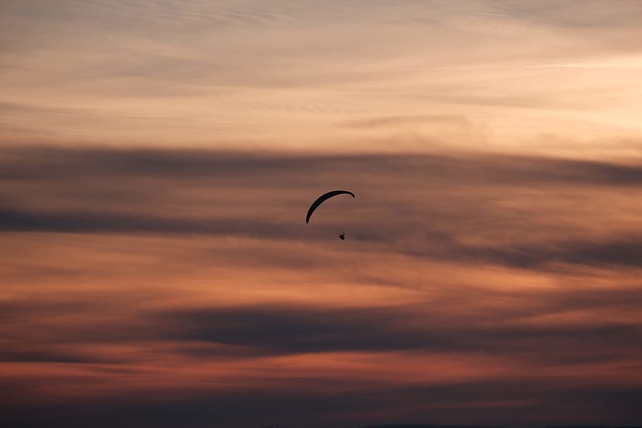 person gliding parachute in sky, untitled, Evening, Paragliding HD wallpaper