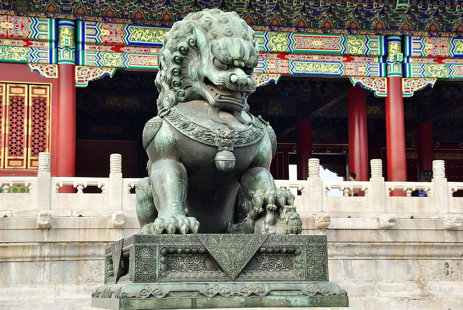 china, forbidden city, beijing, statue, lion, sculpture, representation