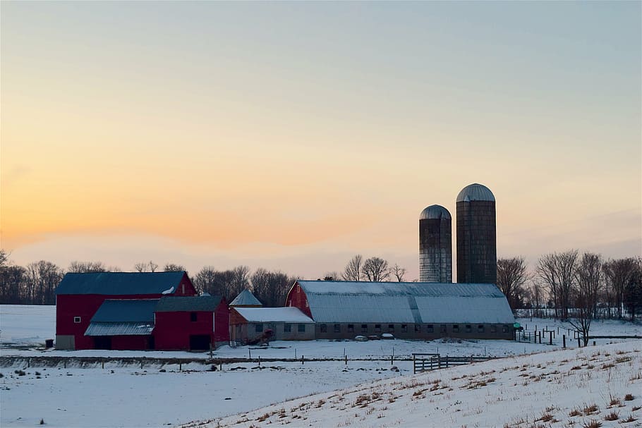 snow, farm, sunset, barn, buildings, winter, nature, landscape HD wallpaper