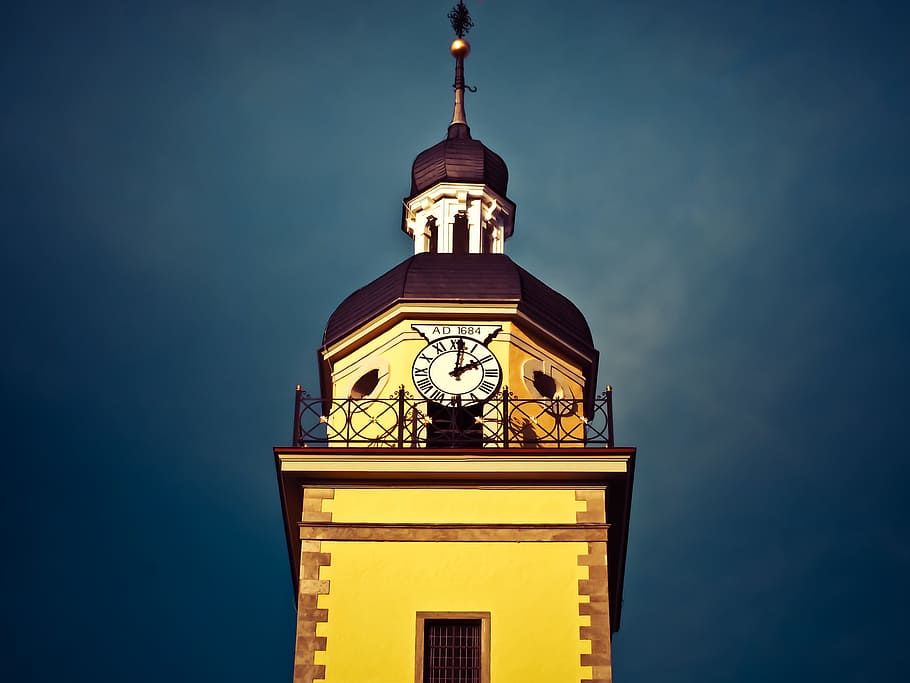 church, steeple, clock tower, building, sky, architecture, abendstimmung HD wallpaper