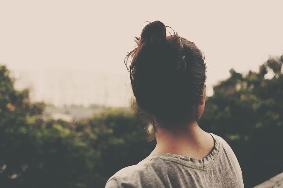 focus photography of woman facing trees, selective focus photography of woman watching trees during daytime, HD wallpaper