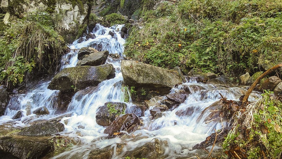 waterfall, bach, tiles, rock, stone, landscape, beauty in nature HD wallpaper