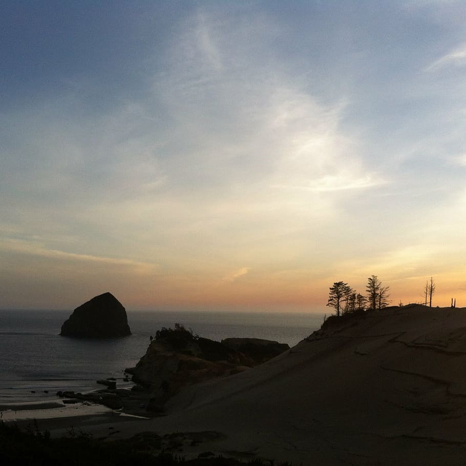 ocean, sunset, rock, sea, water, nature, landscape, horizon HD wallpaper