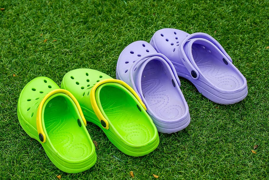 shoes, crocs, sandals, clogs, green color, grass, pair, land, HD wallpaper