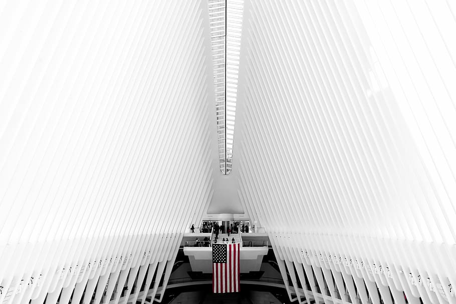 white painted building interior, US flag, architecture, perspective HD wallpaper