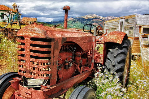 brown and black tractor, old, antique, abandoned, agriculture HD wallpaper