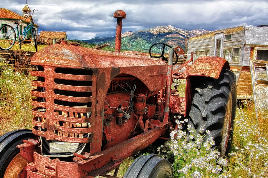 brown and black tractor, old, antique, abandoned, agriculture HD wallpaper