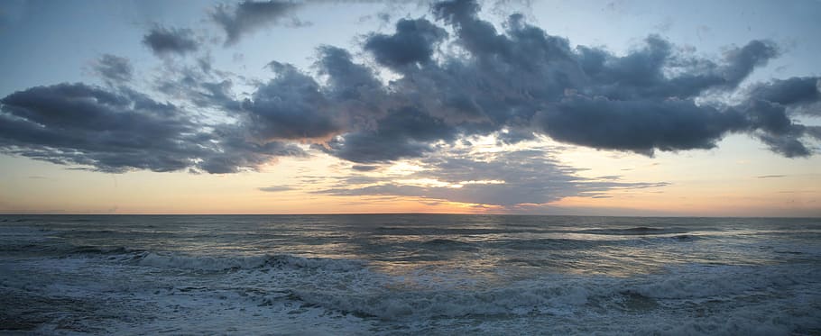 photo of sea under cumulus clouds, sunset, sky, marine, nature HD wallpaper