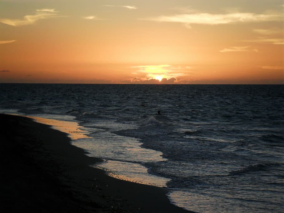 seashore during dusk, beach, sunset, sand, ocean, evening, sunrise HD wallpaper