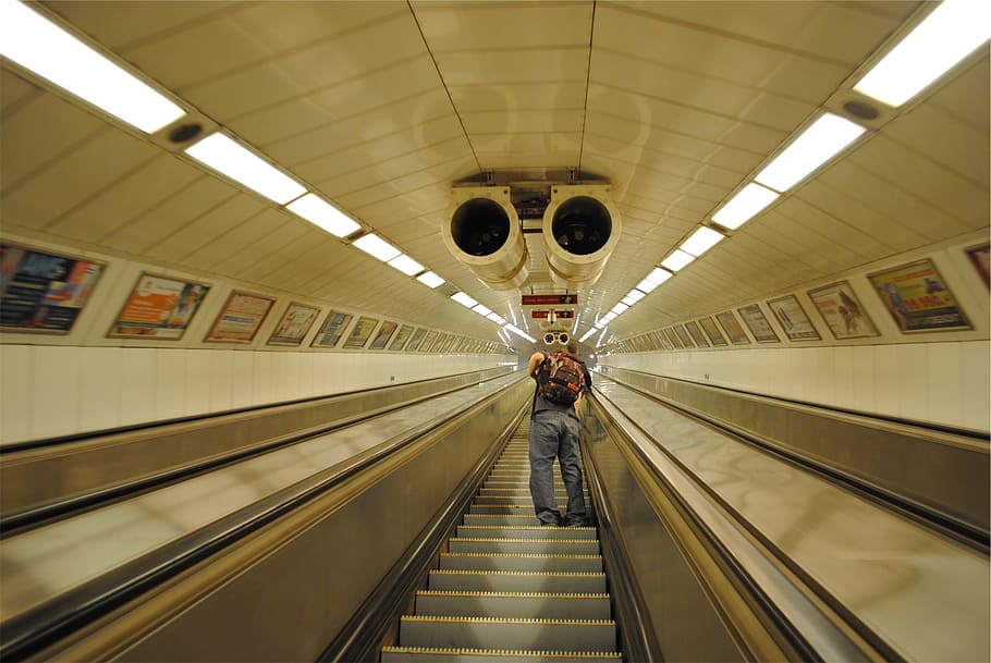 escalator, subway station, guy, backpack, knapsack, indoors HD wallpaper
