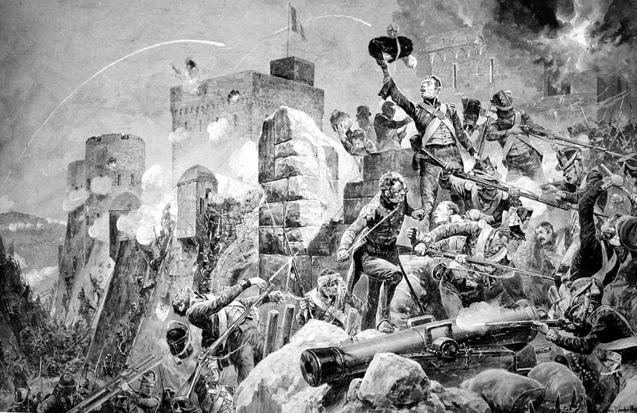 Siege of Badajoz in Spain, artwork, battle, public domain, black And White