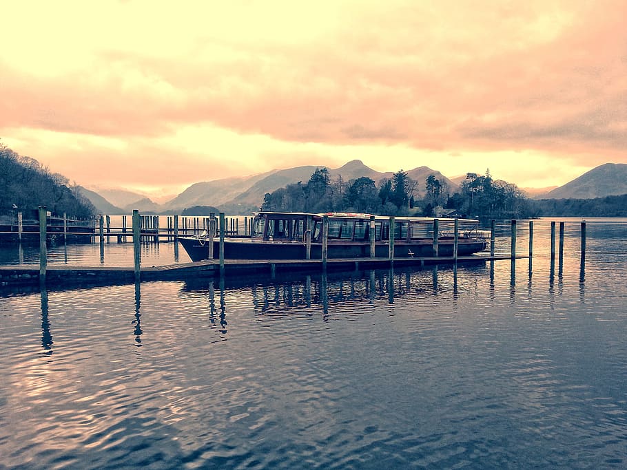 Boat Beside Dock during Golden Hour, clouds, dusk, horizon, jetty HD wallpaper