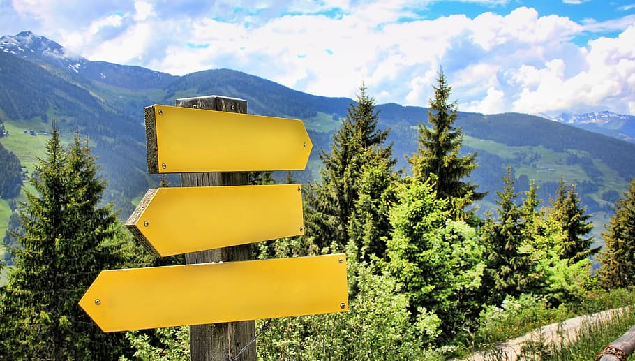 yellow wooden arrow signage, directory, mountains, alpine, hiking, HD wallpaper