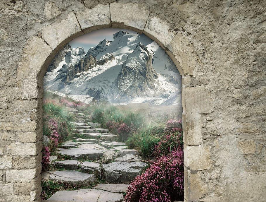 rock pathway leading to mountain covered with snow, fantasy HD wallpaper