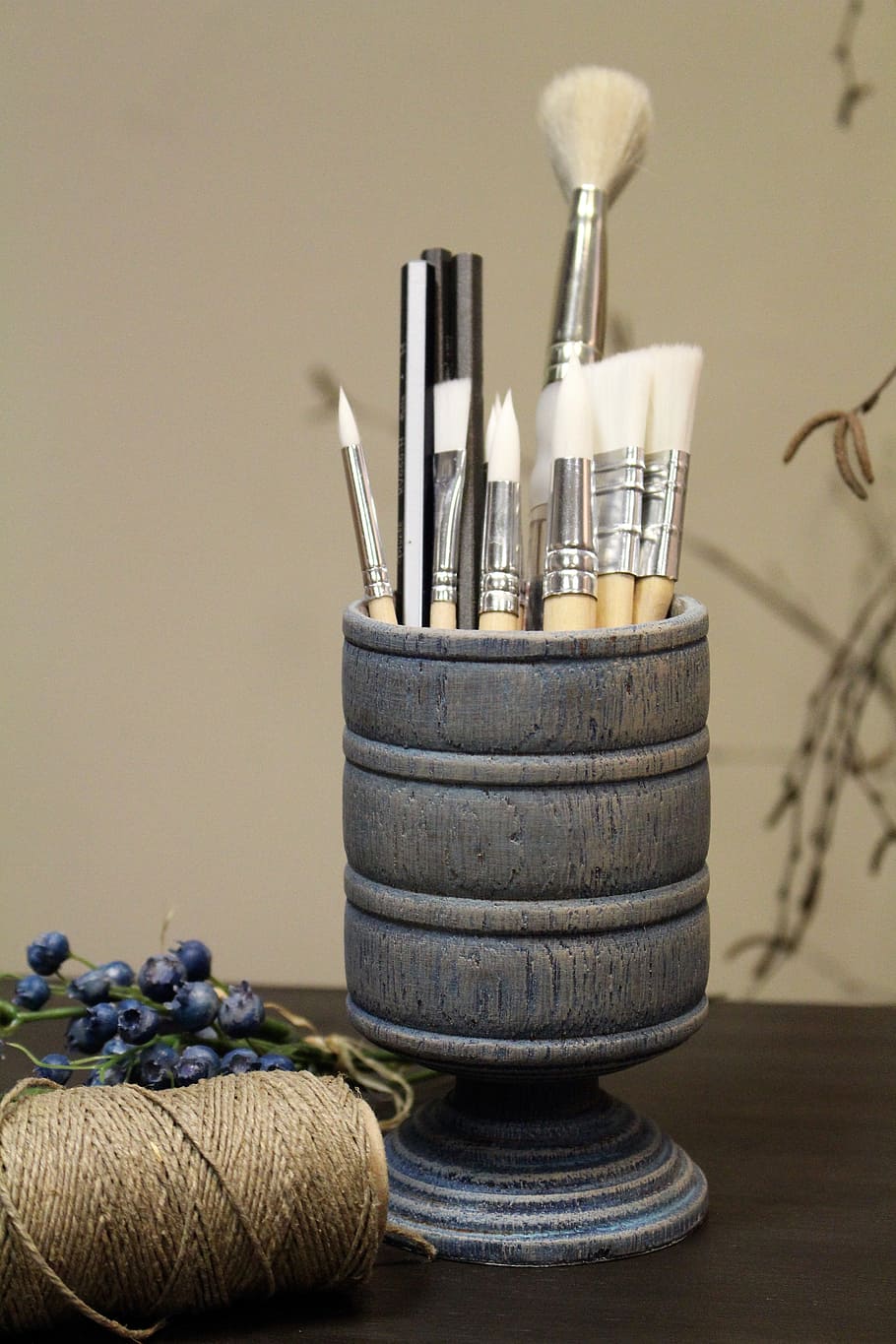 brushes, twine, mug, composition, the scenery, wooden, still life HD wallpaper
