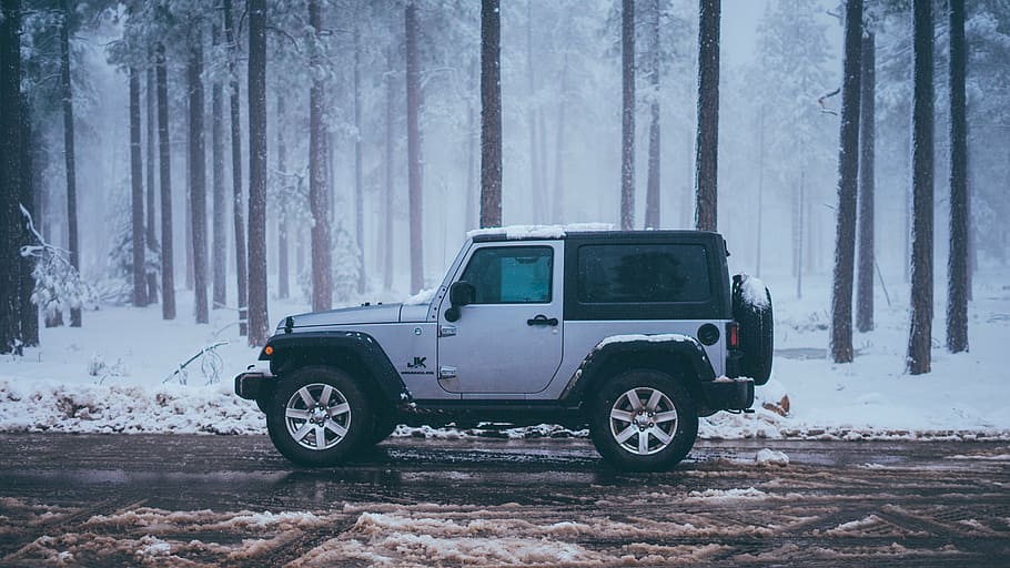 grey and black Jeep Wrangler SUV on road near snow field and trees, HD wallpaper