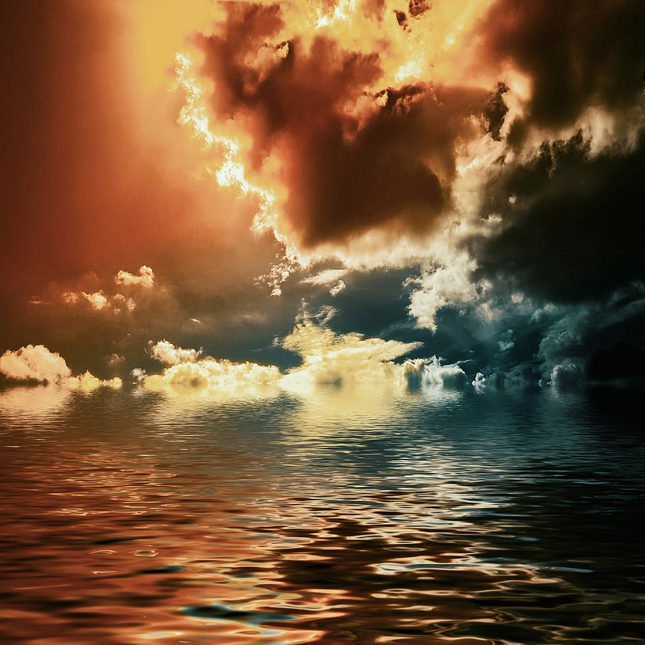 water under blue and black clouds, sky, mood, background, twilight HD wallpaper