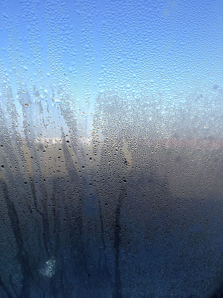 fogging, sky, glass, window, drops, blue, city, field, nature HD wallpaper