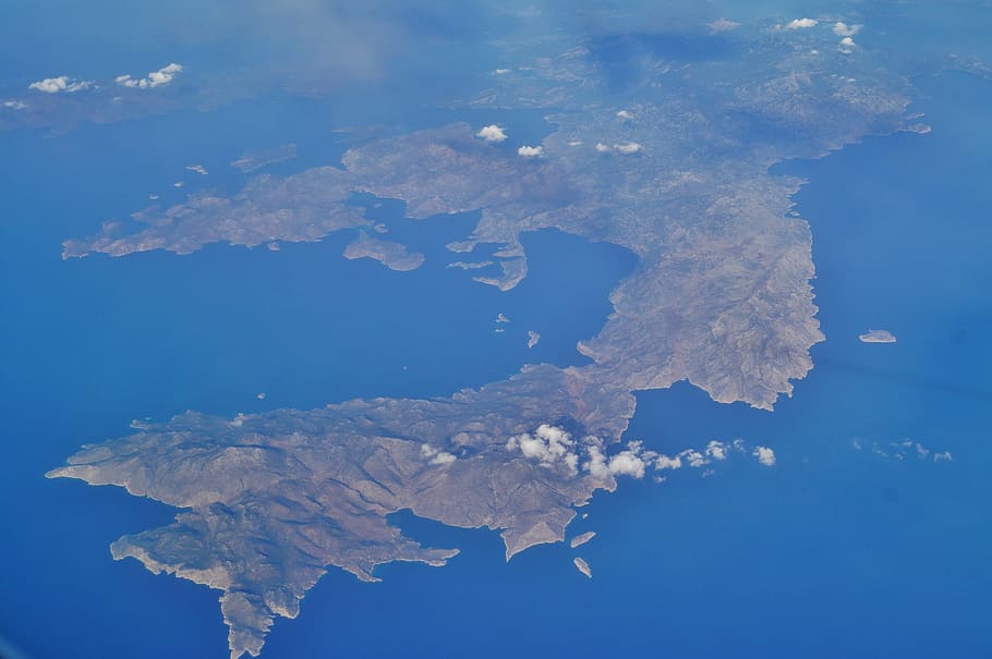 sea, island, flight, view from airplane, greece, bird's eye view, HD wallpaper