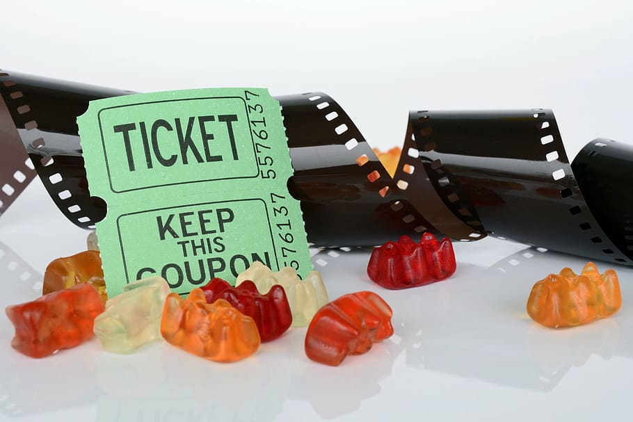 red, yellow, and orange gummy bears, film roll, ticket, gummibärchen, HD wallpaper