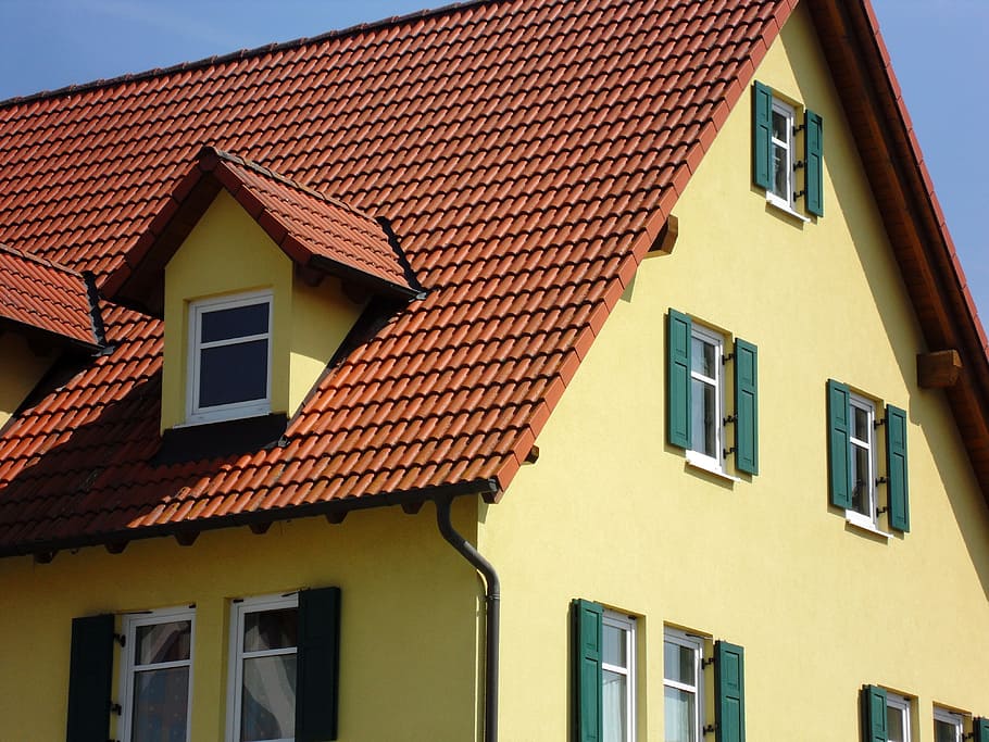 yellow painted concrete house, home, facade, roof, new building HD wallpaper