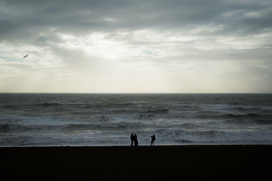 silhouette of three people standing on seashore, landscape, photo