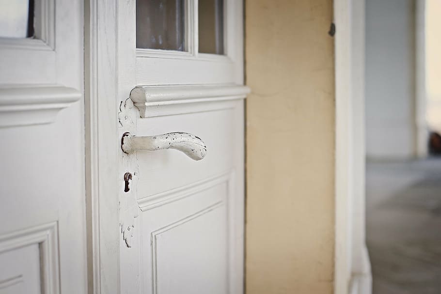 closed white wooden door, jack, input, old, door handle, access HD wallpaper