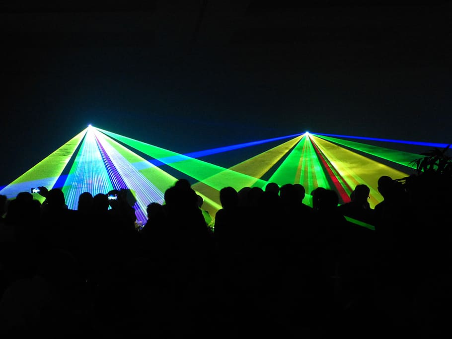 Laser Light Show at concert, colorful, dark, people, public domain