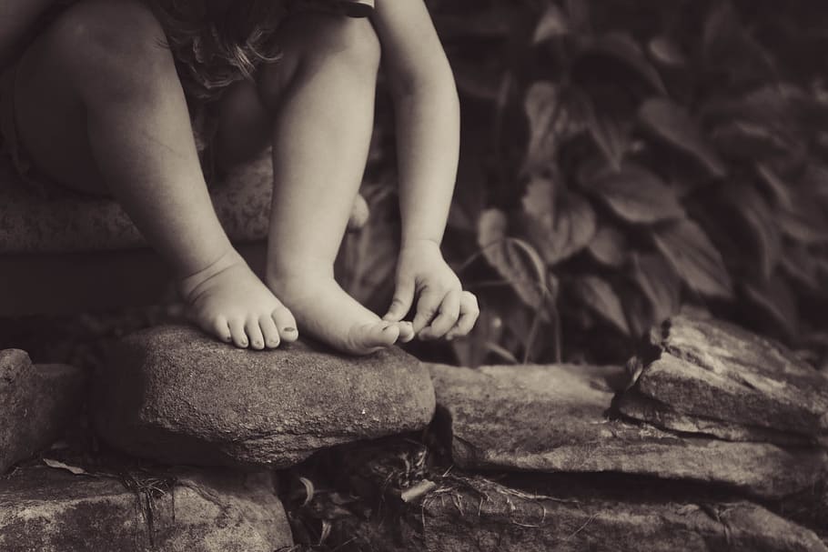 rocks, people, kid, child, nature, leaves, plant, sepia, one person HD wallpaper