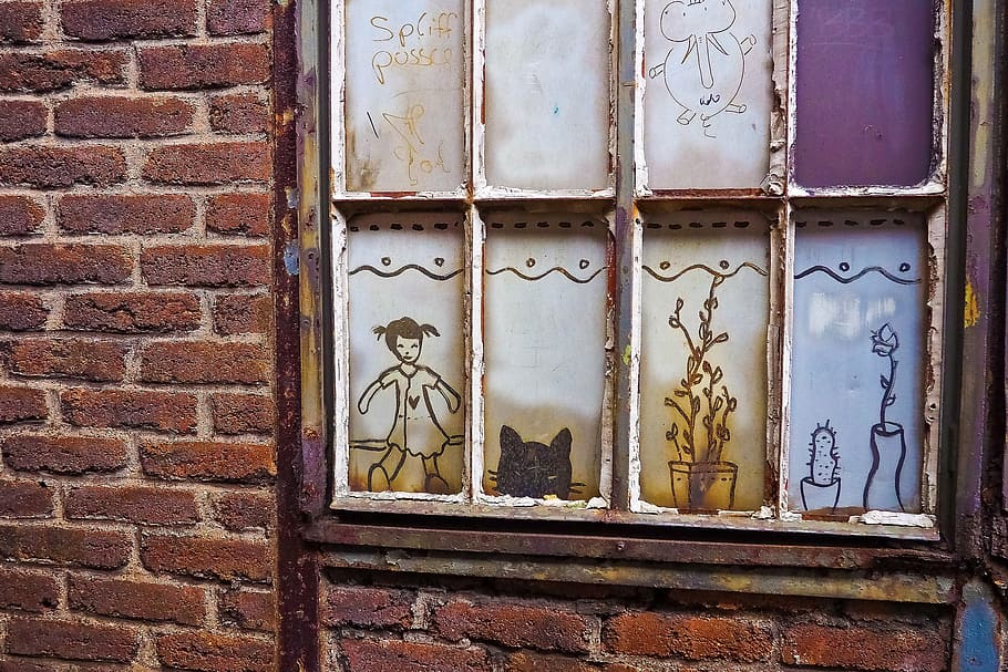 window, discs, graffiti, art, lattice windows, steel mill, factory building HD wallpaper