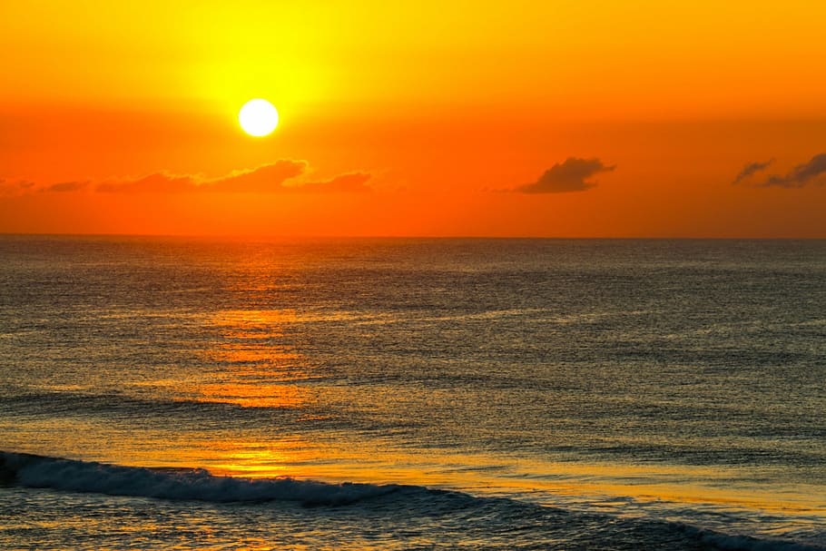 sunset, sea, waves, sky, glow, orange, clouds, coast, seascape HD wallpaper