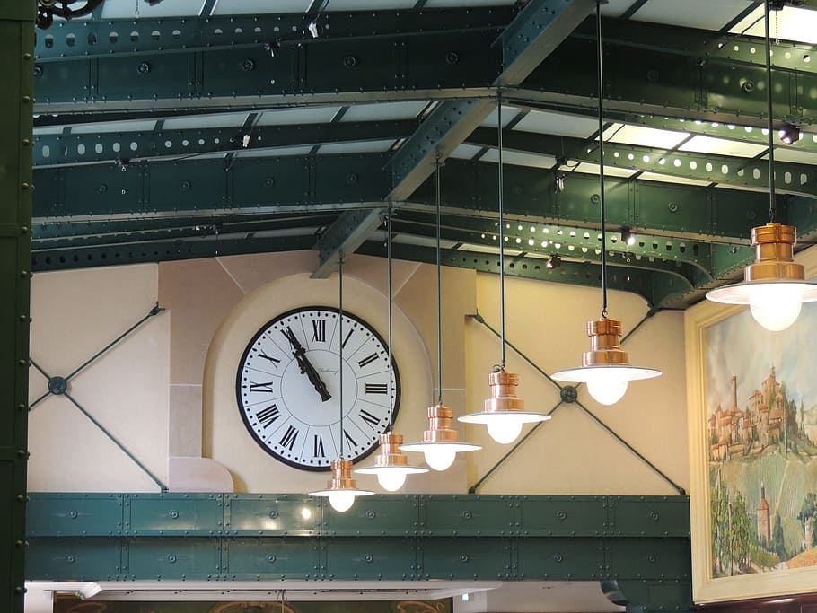 turned on white pendant lamps, clock, train station, time, architecture HD wallpaper