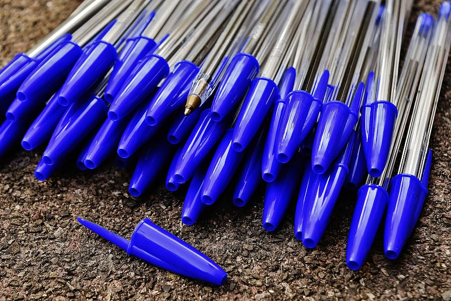 blue ballpoint pen lot, writing implement, leave, office, color HD wallpaper