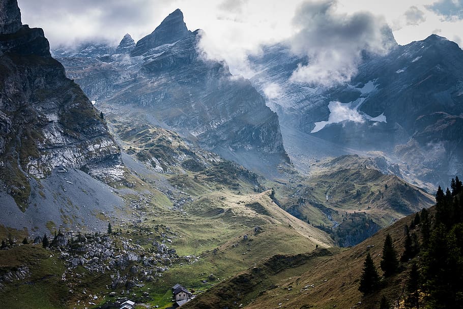 trees covered mountain, aerial photo of green and gray mountain at daytime HD wallpaper
