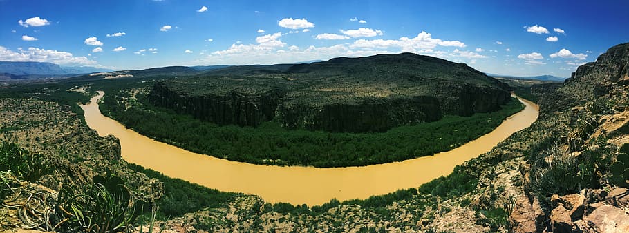 aerial photography of river beside green mountain during daytime, aerial view of forest HD wallpaper