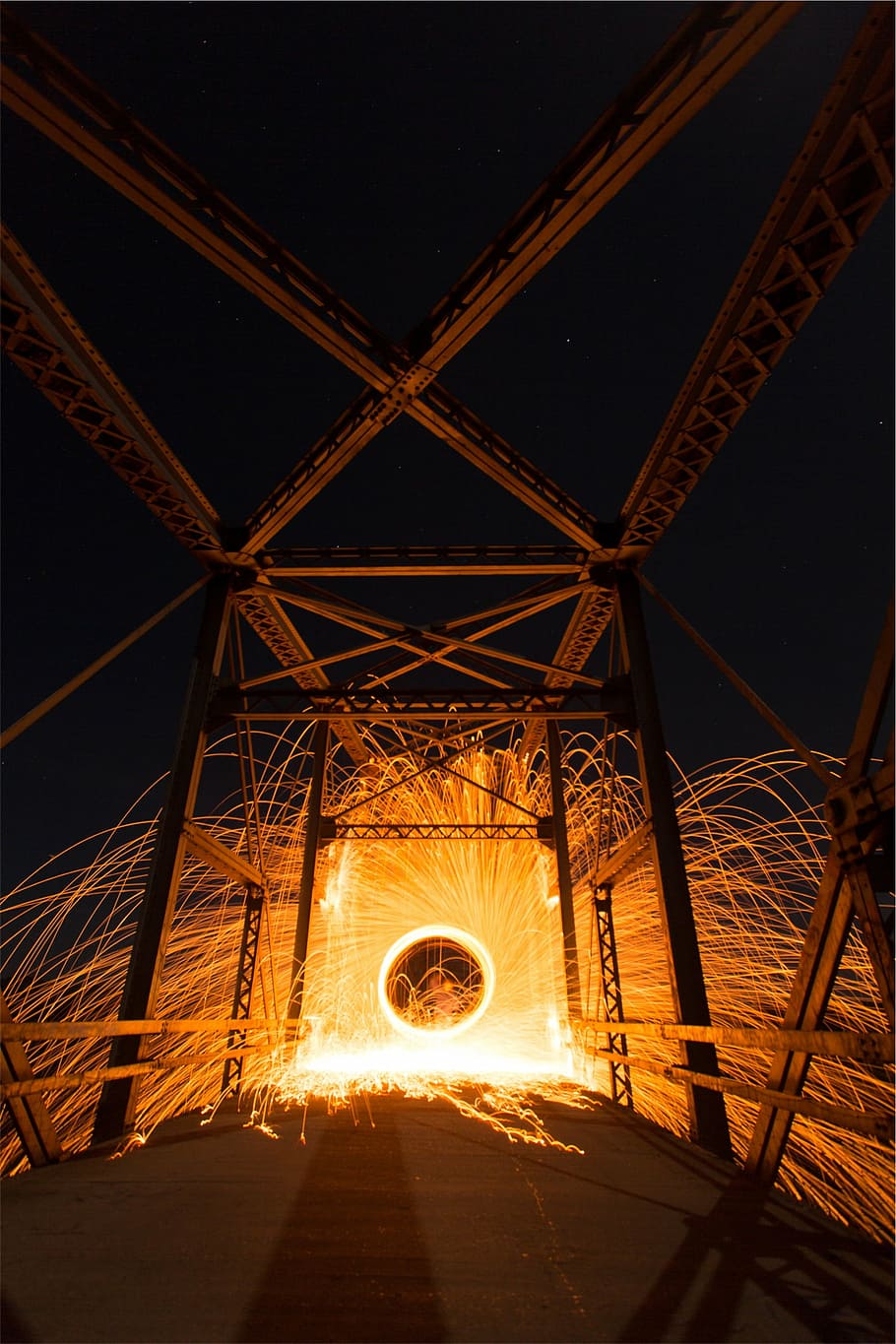 steel wool photography of light on bridge at nighttime, brown, HD wallpaper