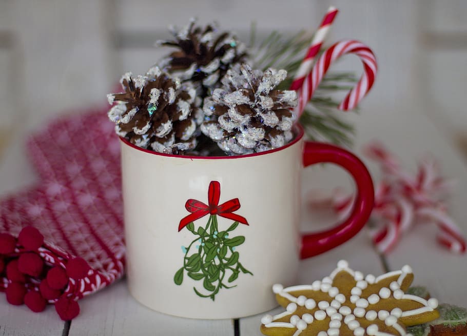 white and red ceramic mug with pinetree fruits, christmas, coffee HD wallpaper