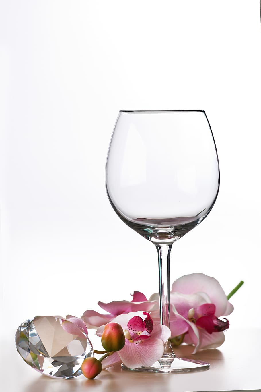 clear long-stemmed wine glass beside pink orchid flower, lichtspiel, HD wallpaper