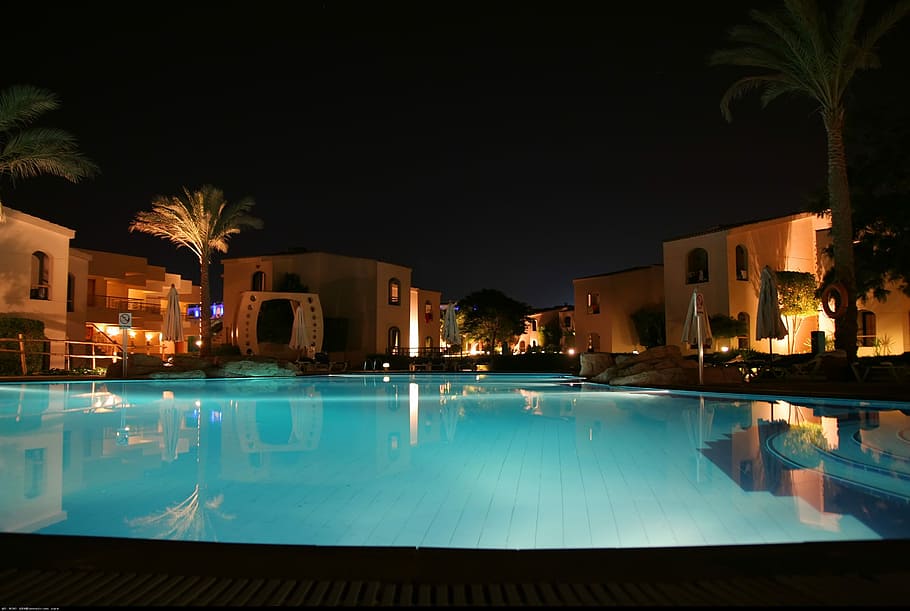 Pool, Villa, Night, swimming pool, water, illuminated, luxury hotel HD wallpaper