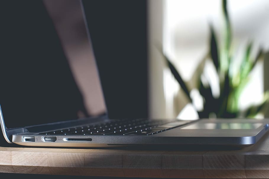 turned off laptop computer on table, Office, Marketing, Notebook HD wallpaper