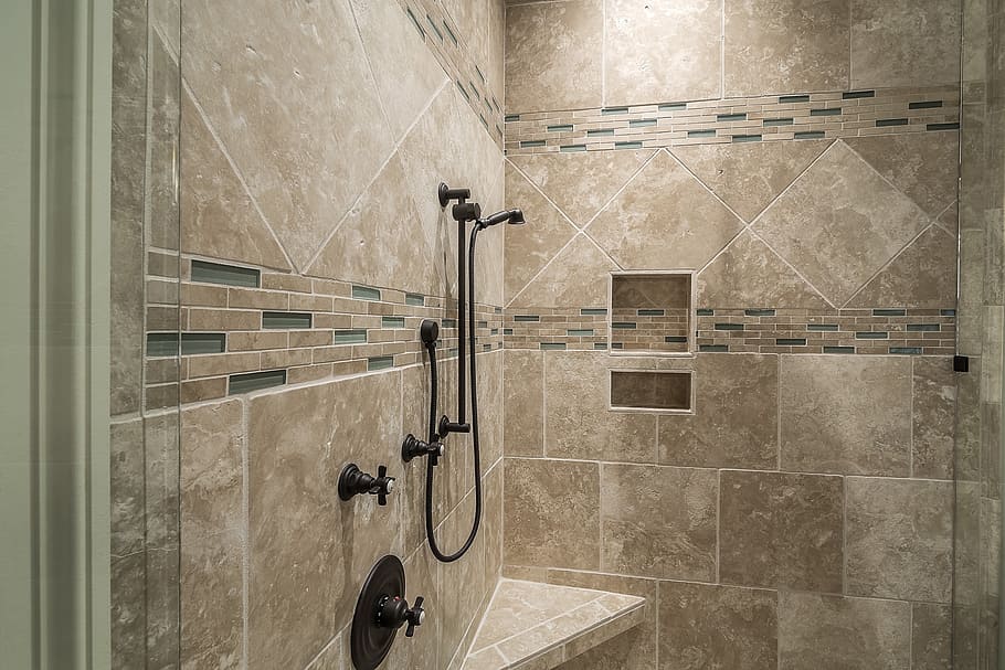 black shower on whit wall, tile, bathroom, interior, luxury HD wallpaper