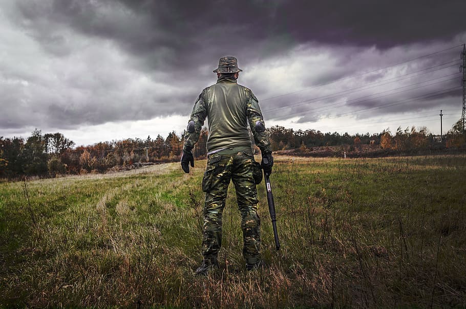 Man in Camouflage Suit Holding Shotgun, adult, ammo, ammunition
