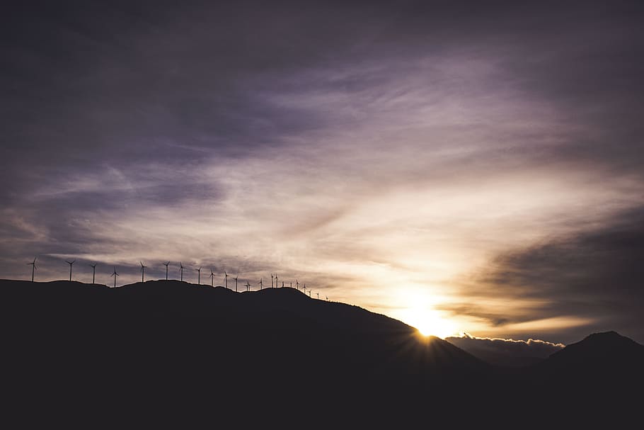 nature, landscape, mountain, windmill, turbine, shadow, silhouette HD wallpaper