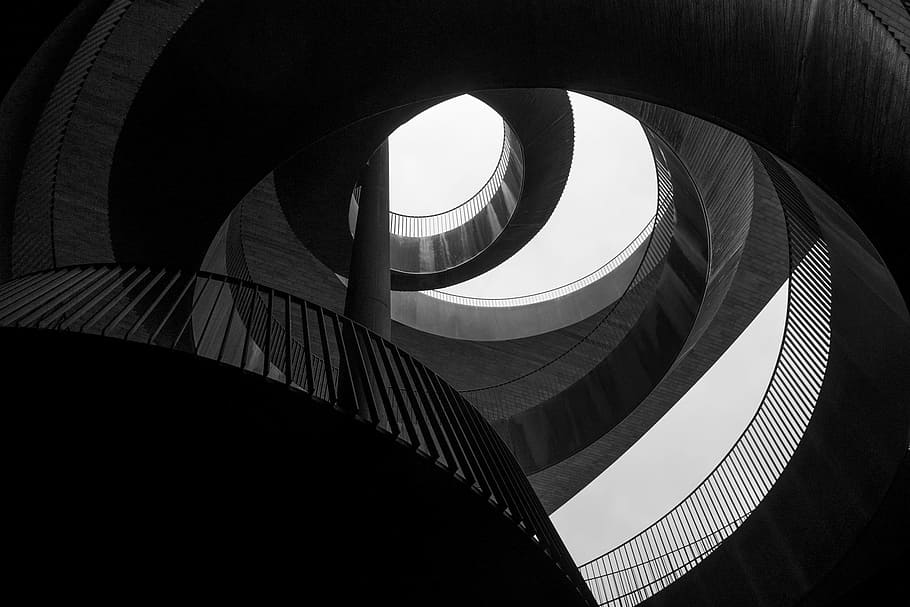 black and white, stairs, stairway, spiral, building, strucutre