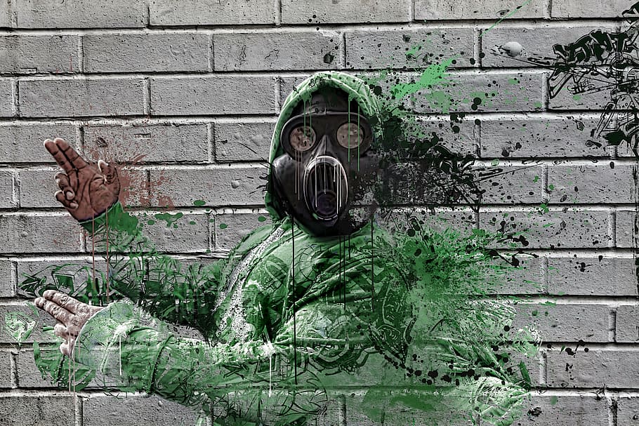 green and black graffiti, gas mask, hip hop, earth, pollution
