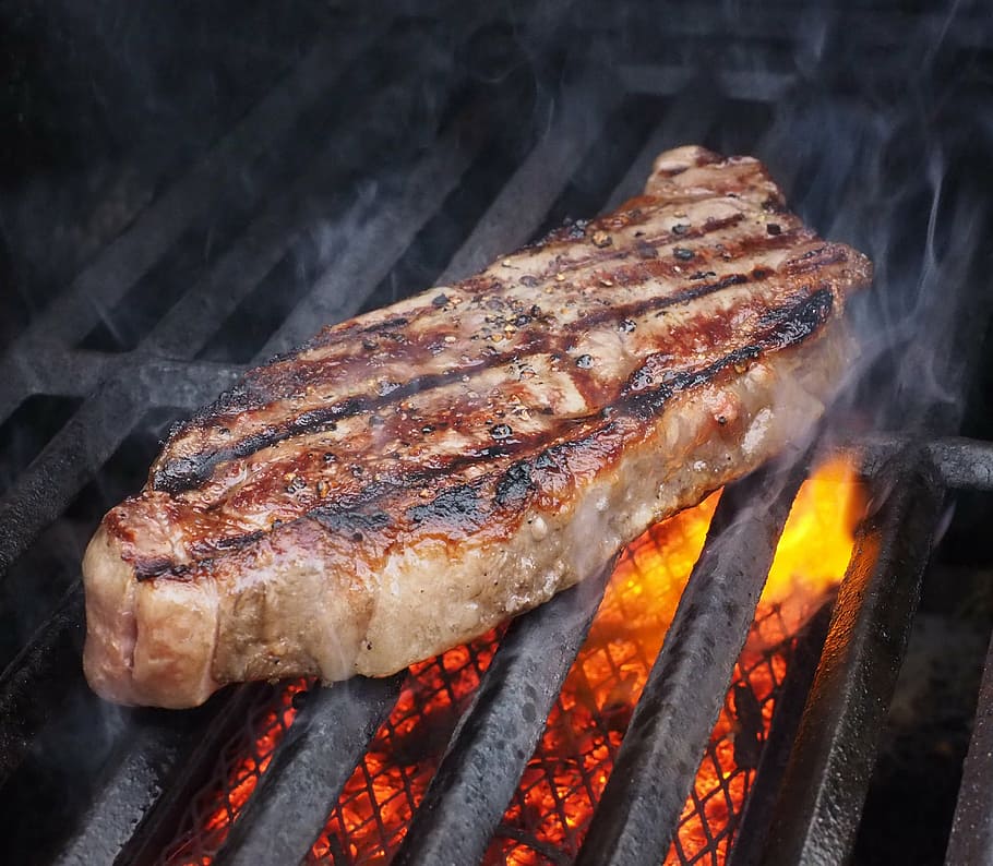 grilled beef on top of black steel charcoal grill, steak, meat, HD wallpaper
